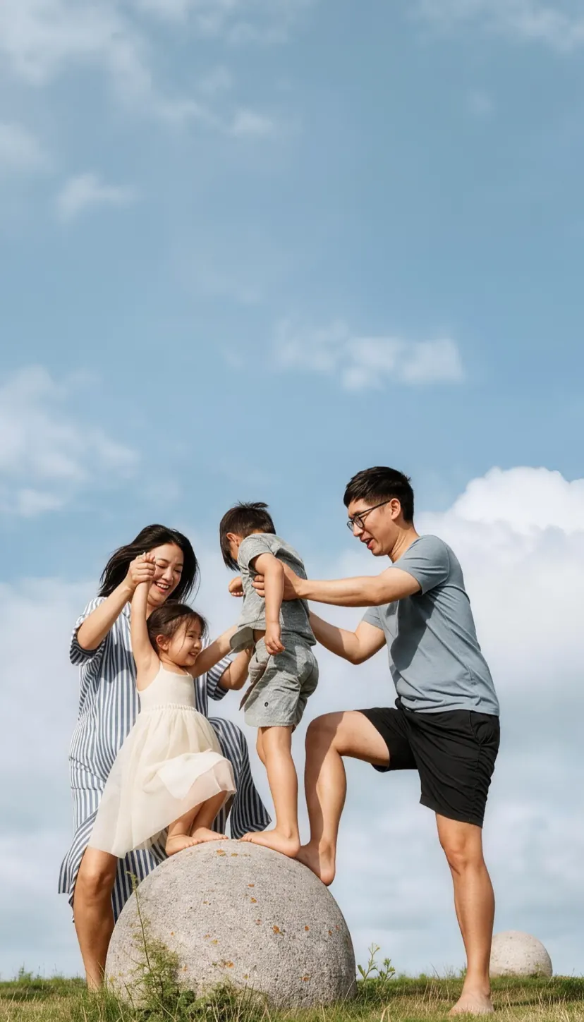 一家四口在草地上的大石球旁嬉戏