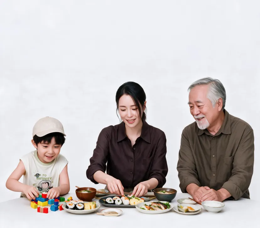 孩子、年轻妈妈与长者围坐餐桌,一起准备饭菜