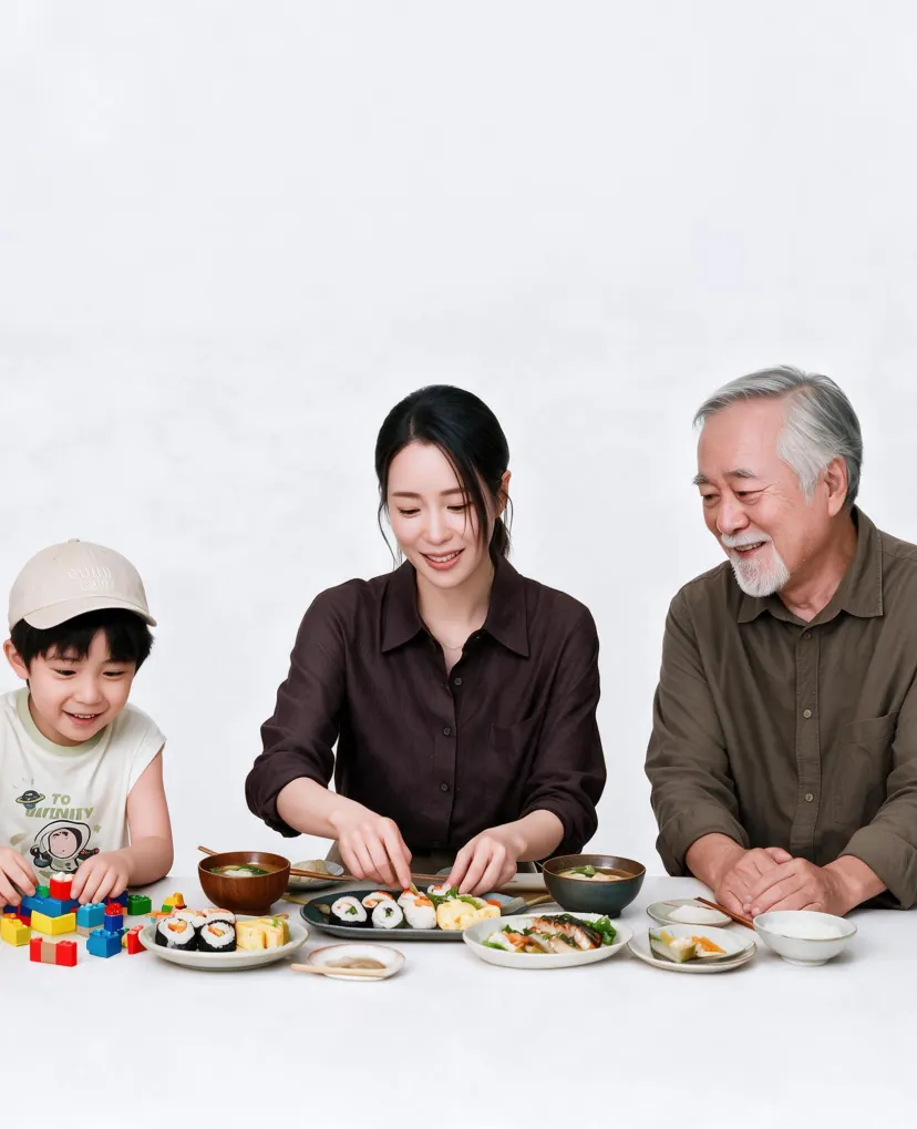 孩子、年轻妈妈与长者围坐餐桌,一起准备饭菜
