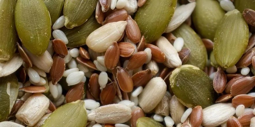 Assorted seeds: pumpkin, sunflower, watermelon seeds and more