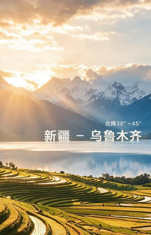 新疆乌鲁木齐(北纬38°~45°):雪山、湖泊与金色梯田