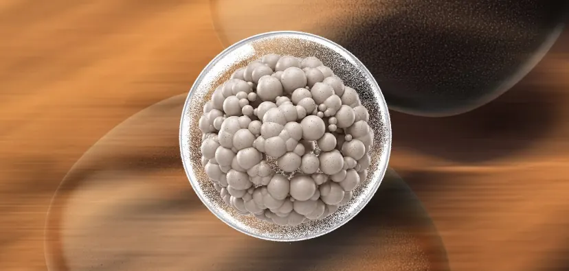 Ultrasonic microencapsulation: a microscopic illustration of nutrient particles wrapped in a protective layer