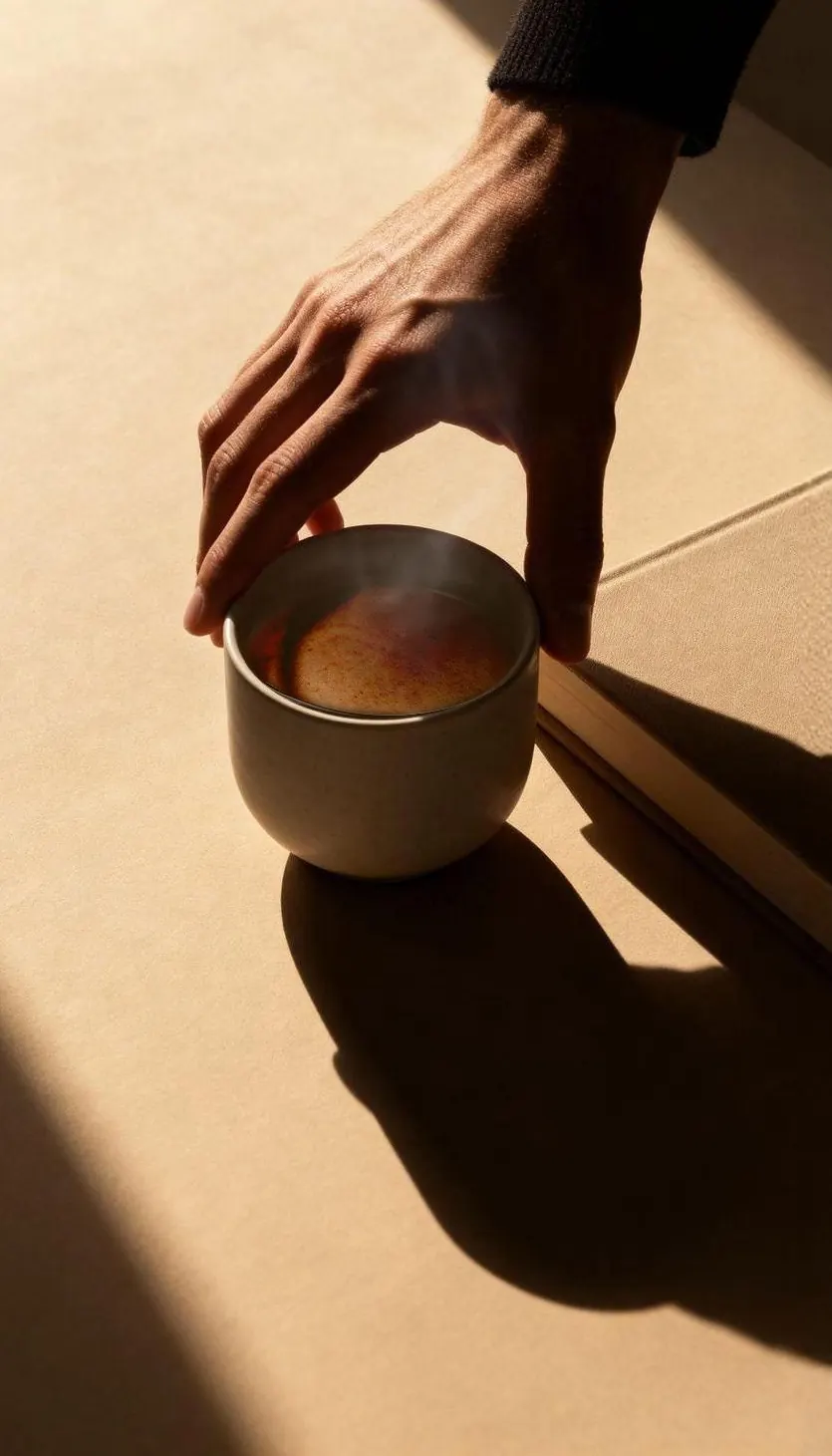 A hand holding a steaming cup of nutritious drink in the sunlight