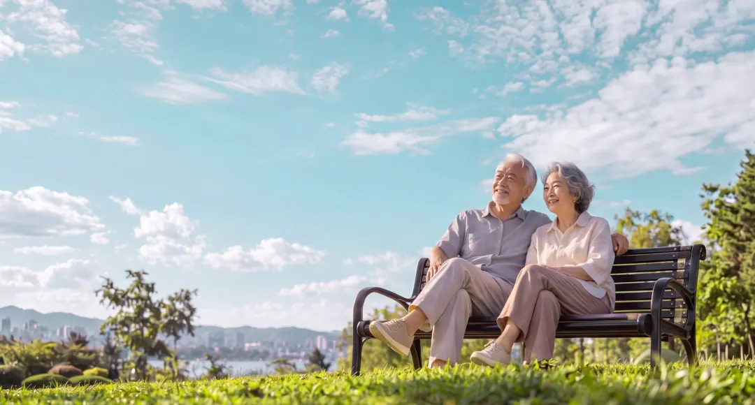 Under a blue sky with white clouds, a white-haired elderly couple sit side by side on a bench on the grass, smiling as they gaze into the distance