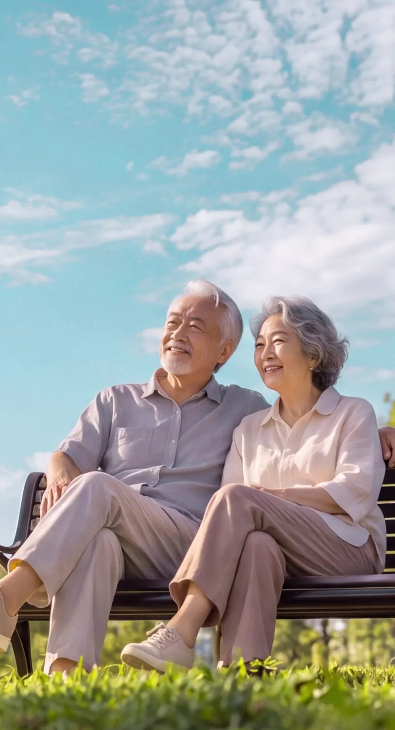 Under a blue sky with white clouds, a white-haired elderly couple sit side by side on a bench on the grass, smiling as they gaze into the distance