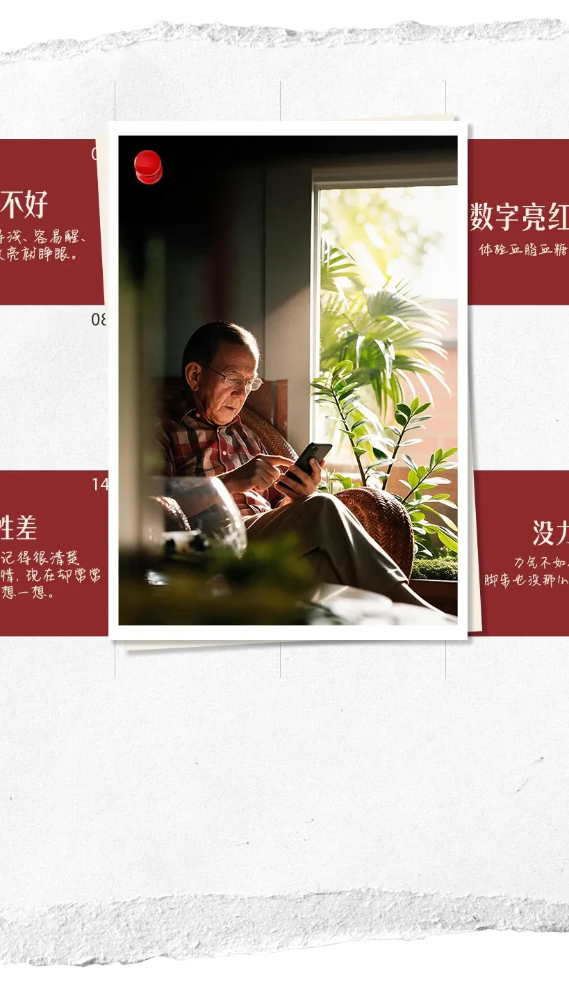 撕边纸上的格子日历,中间钉着一张老先生坐在窗边看手机的照片,四周格子写着睡不好、数字亮红灯、爬楼就喘、肚子胀、记性差、没力气等身体信号
