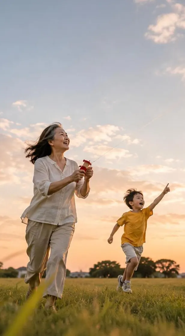 夕阳下,年长女士与小男孩在草地上奔跑放风筝