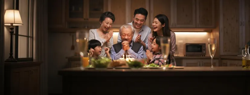 一家三代围在厨房餐桌旁,为双手合十许愿的爷爷庆祝生日