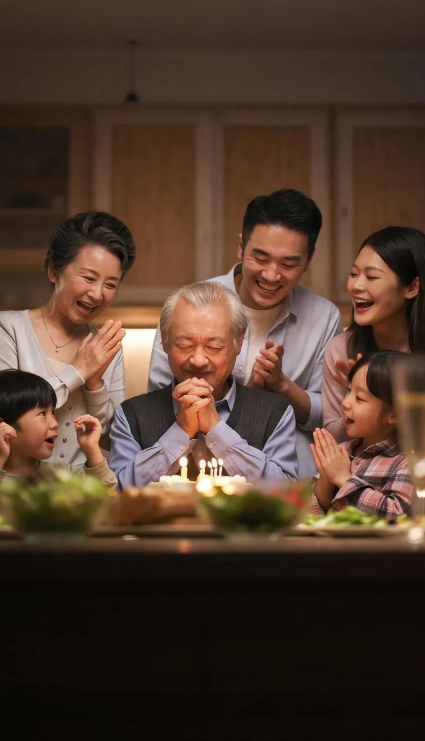 一家三代围在厨房餐桌旁,为双手合十许愿的爷爷庆祝生日