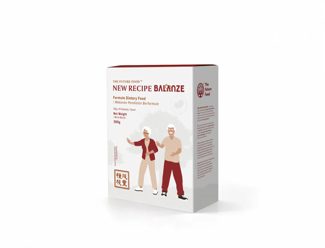 新配方 Balanze 产品包装盒,盒面印有一对正在活动身体的长者