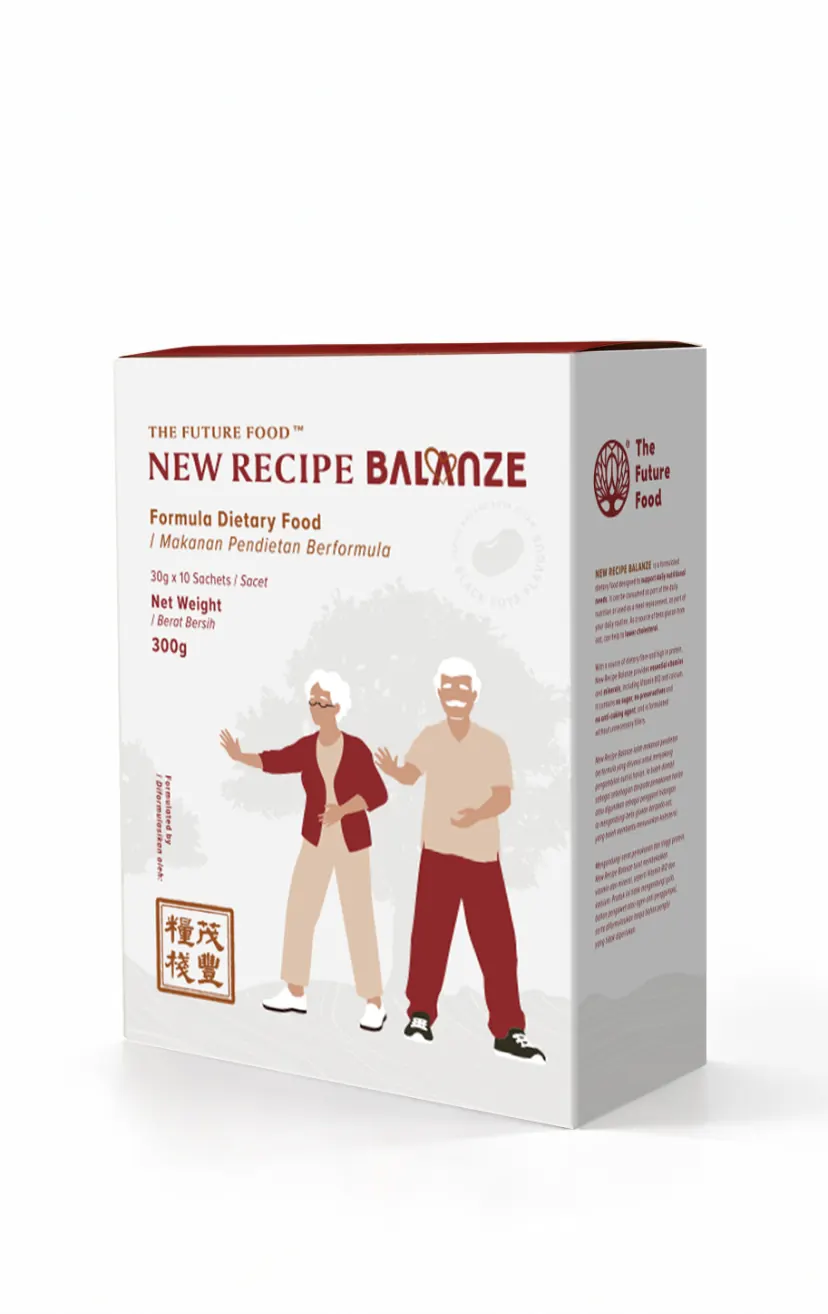 新配方 Balanze 产品包装盒,盒面印有一对正在活动身体的长者