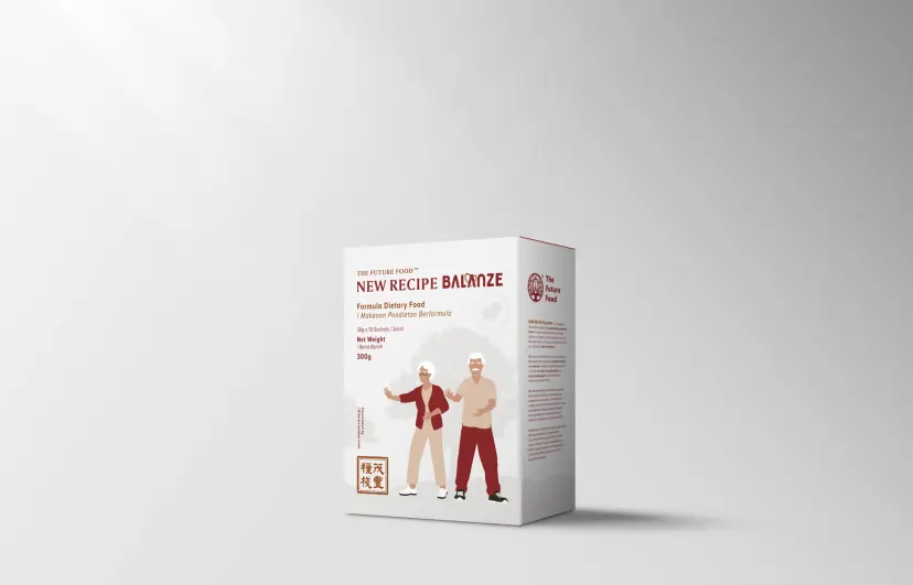 New Recipe Balanze product box against a light grey gradient background, printed with an older couple being active