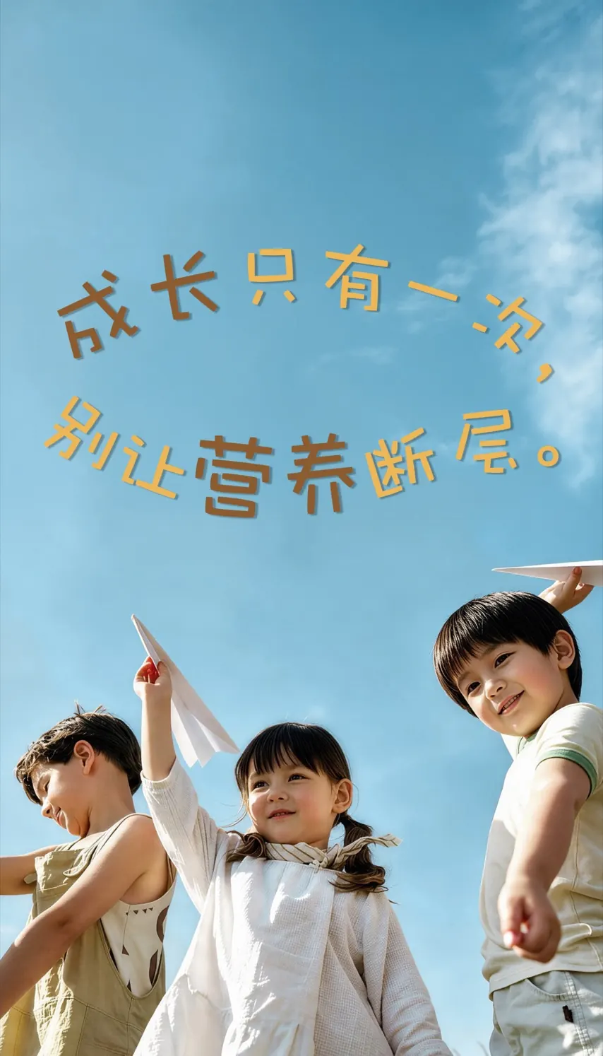 Children flying paper planes under a blue sky; handwritten: You only grow up once, so don't leave gaps in nutrition.