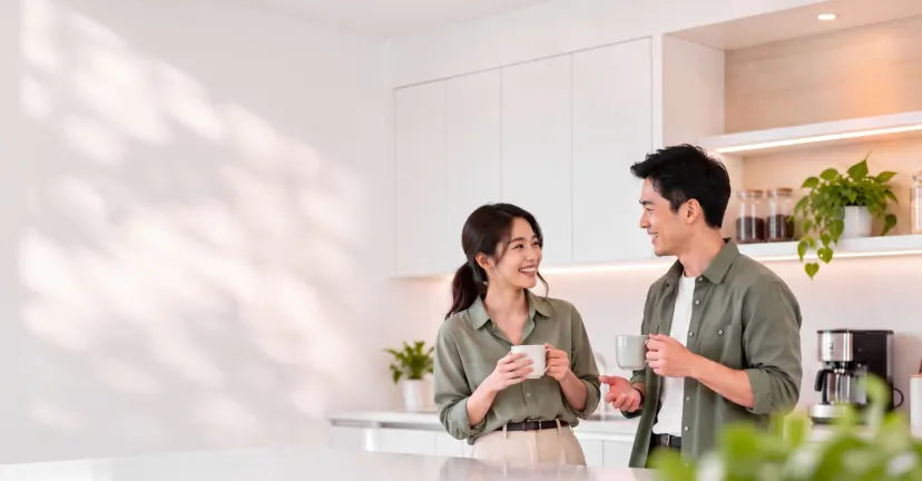 A man and a woman in a bright kitchen, each holding a hot drink, smiling as they chat