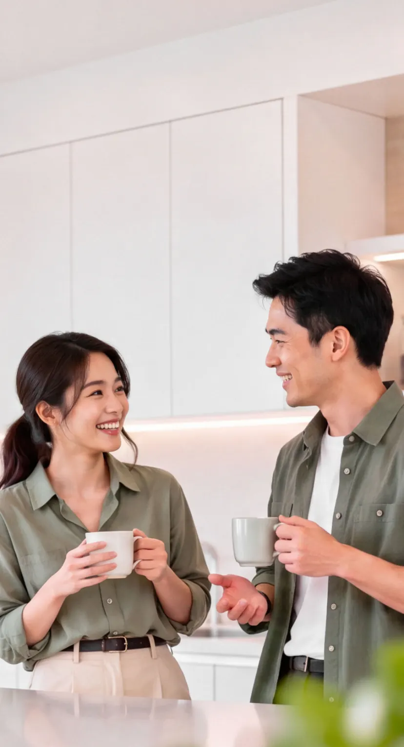 A man and a woman in a bright kitchen, each holding a hot drink, smiling as they chat
