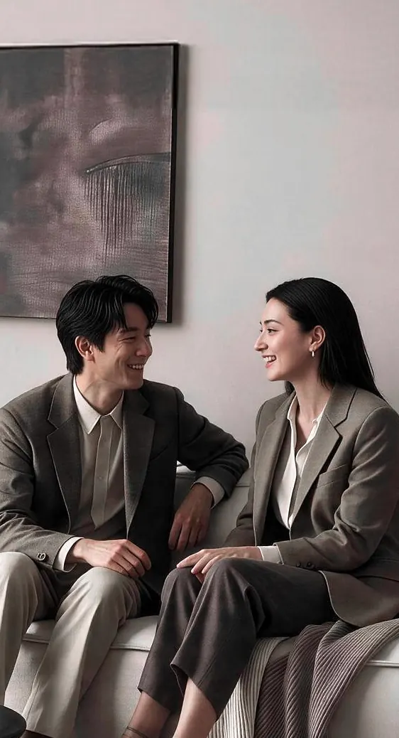 一对穿着西装的男女坐在客厅沙发上相视而笑