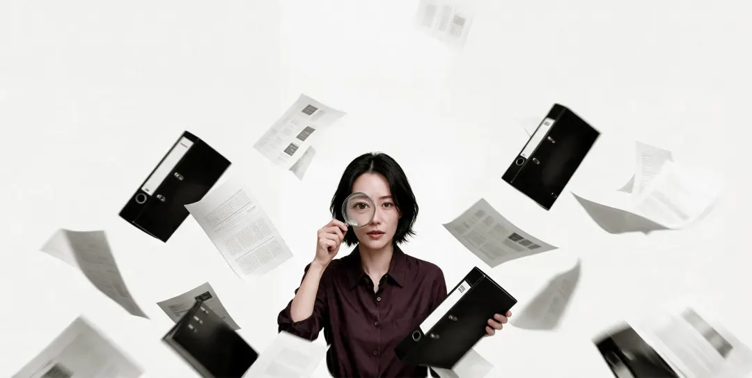 女士手持放大镜看向前方,身边文件夹与纸张纷飞