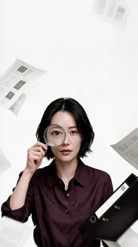 女士手持放大镜看向前方,身边文件夹与纸张纷飞