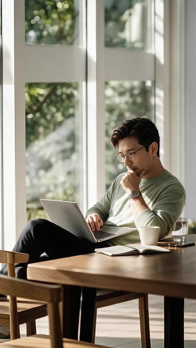 A man in glasses working thoughtfully on a laptop by a sunny window