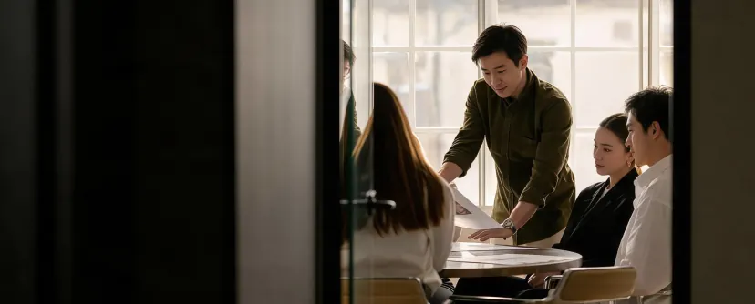 In a meeting room, a man leans over to explain a document to colleagues, who listen closely