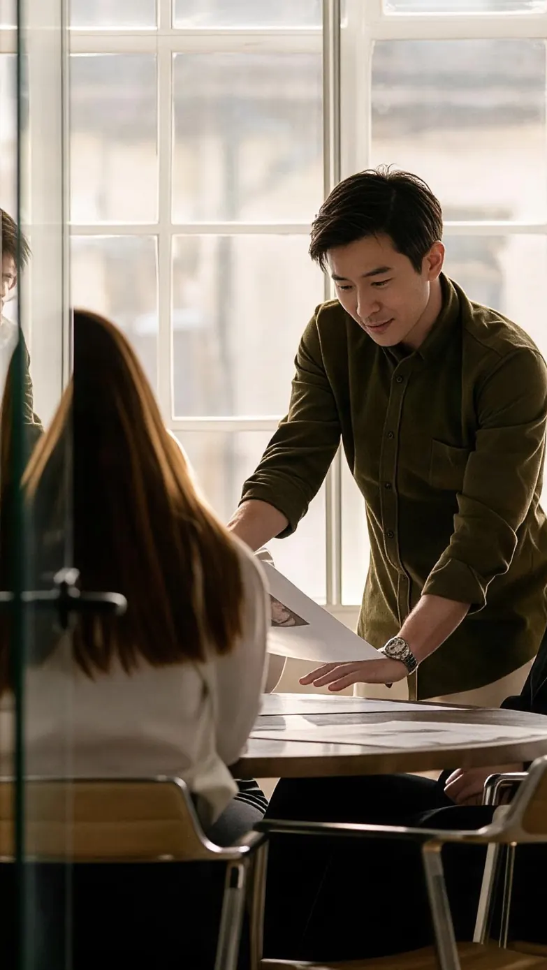 In a meeting room, a man leans over to explain a document to colleagues, who listen closely