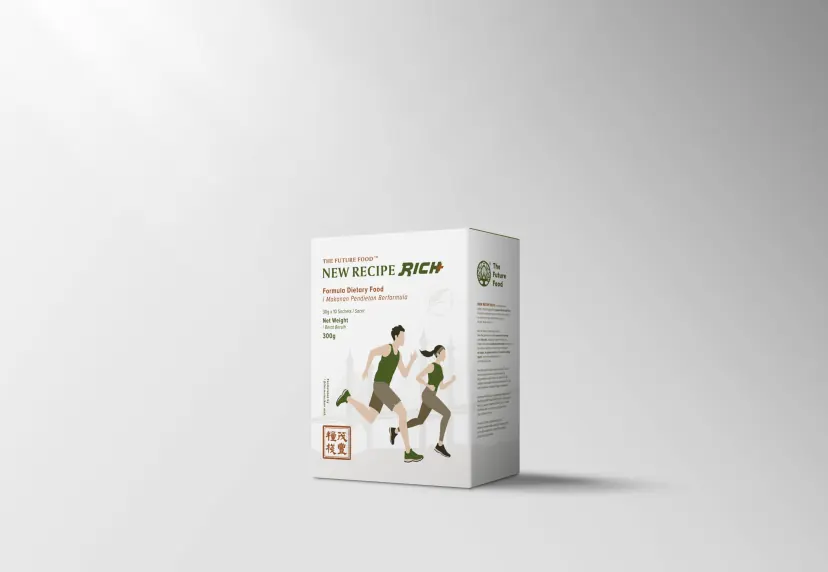 New Recipe Rich product box printed with an illustration of a man and a woman running, on a light grey background
