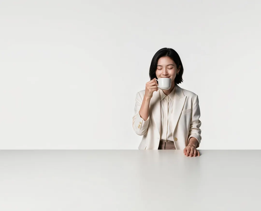 身穿米色西装的女士闭眼微笑,双手捧杯品尝热饮