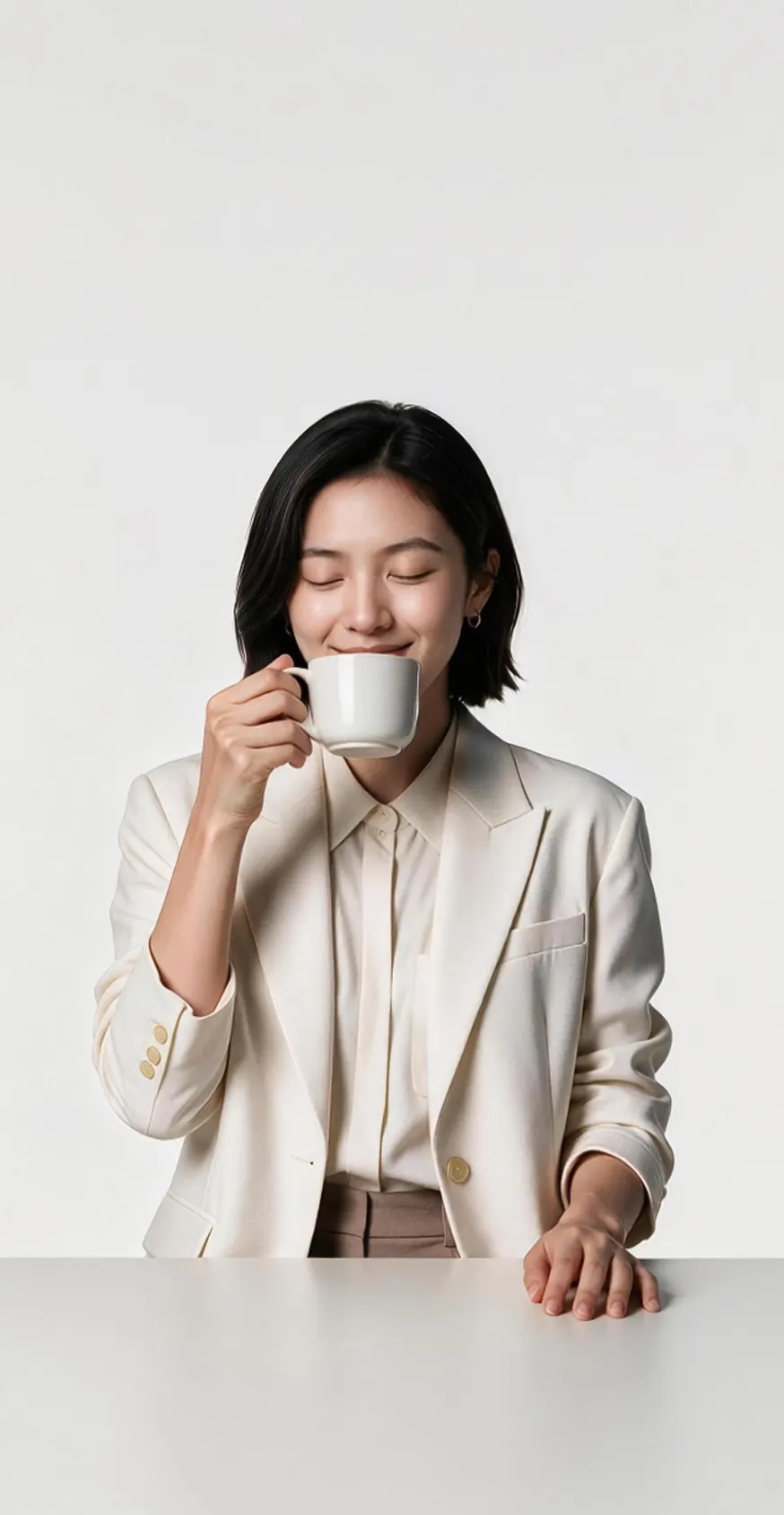 身穿米色西装的女士闭眼微笑,双手捧杯品尝热饮